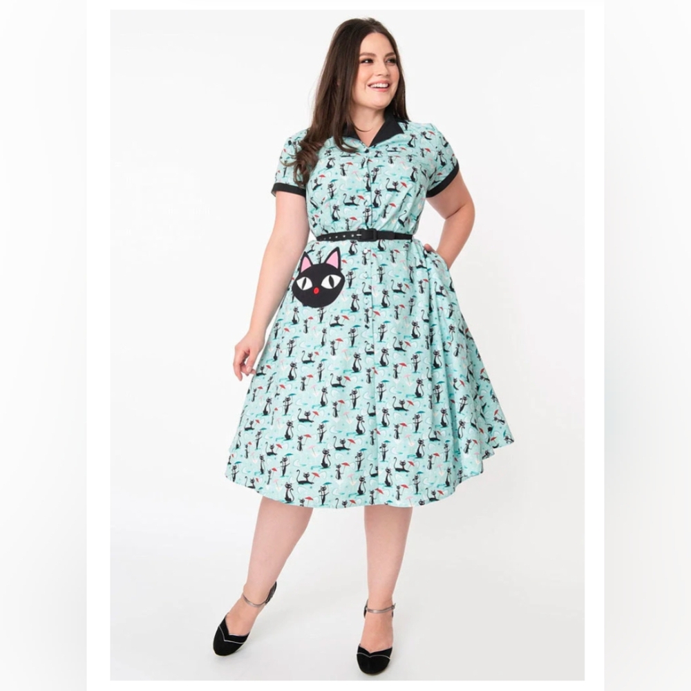 Unique Vintage Atomic Cat Martini Print Blue Dress Size 16